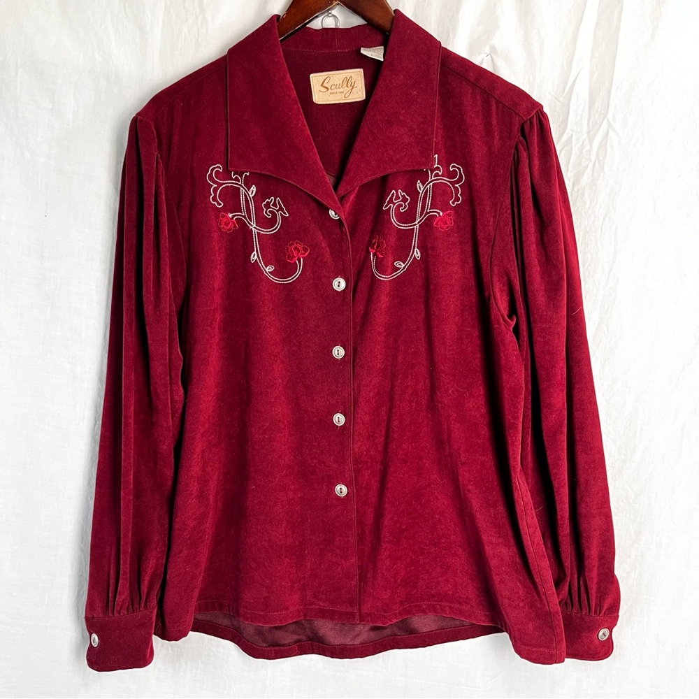 Scully Western Shirt L Red Floral Scroll Embroidered Puff Sleeve Cowgirl Blouse